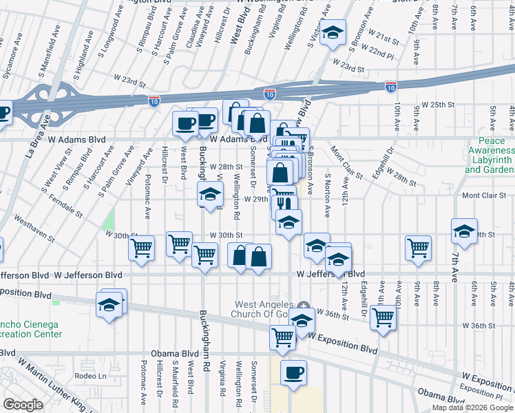map of restaurants, bars, coffee shops, grocery stores, and more near 2908 Somerset Drive in Los Angeles