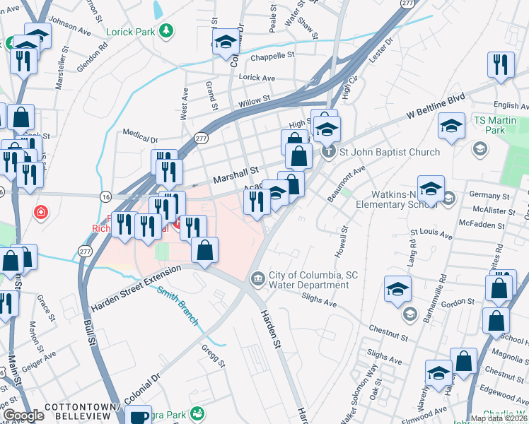 map of restaurants, bars, coffee shops, grocery stores, and more near 3100 Colonial Dr in Columbia