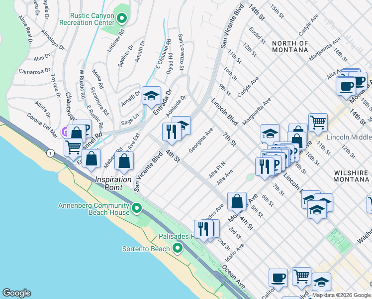 map of restaurants, bars, coffee shops, grocery stores, and more near 431 Georgina Avenue in Santa Monica