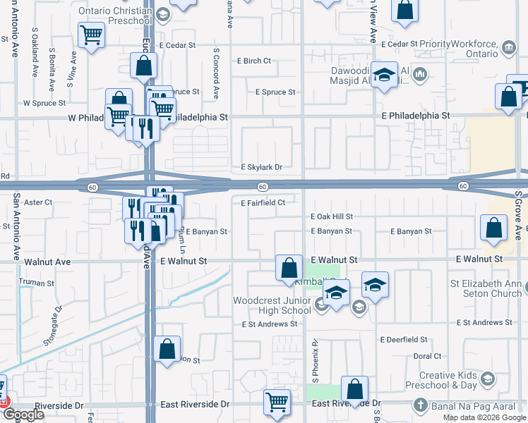 map of restaurants, bars, coffee shops, grocery stores, and more near 2442 Miramonte Avenue South in Ontario