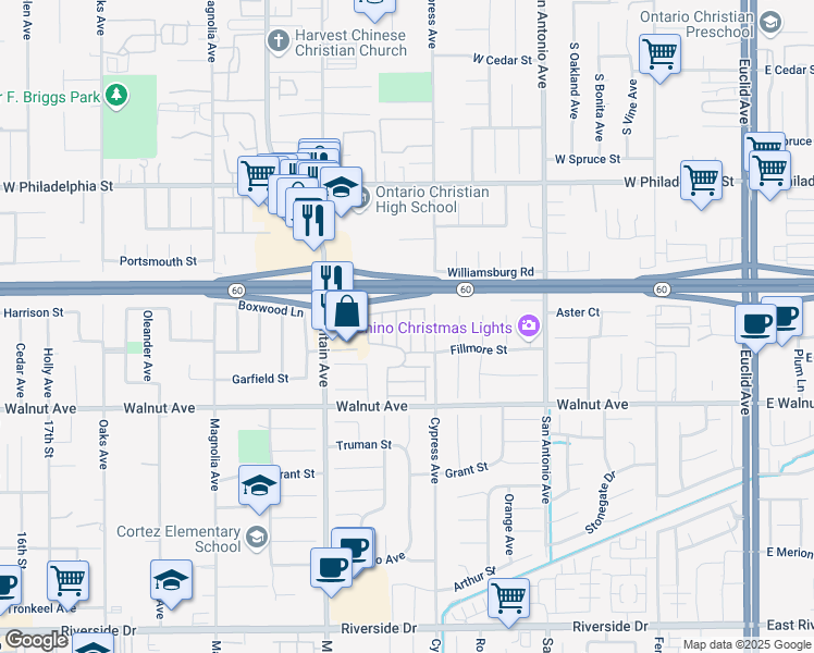 map of restaurants, bars, coffee shops, grocery stores, and more near in Chino