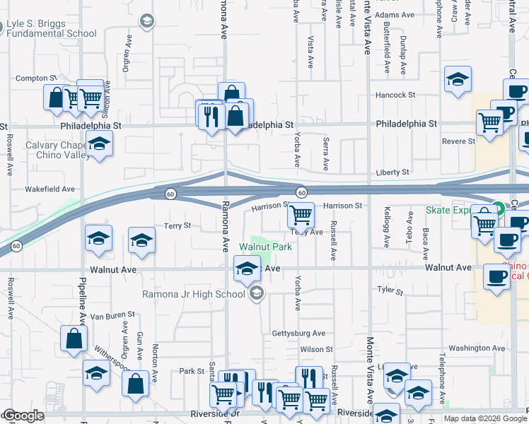 map of restaurants, bars, coffee shops, grocery stores, and more near 4575 Harrison Street in Chino