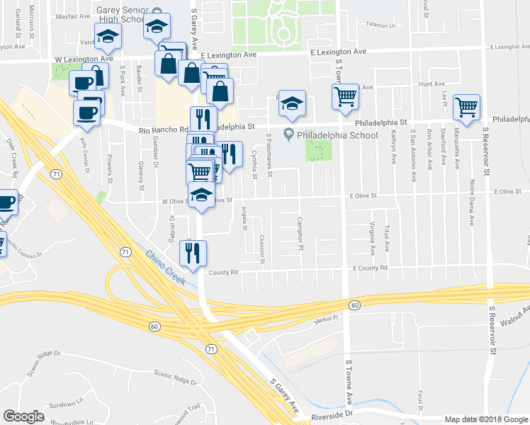 map of restaurants, bars, coffee shops, grocery stores, and more near 361 Orchid Lane in Pomona
