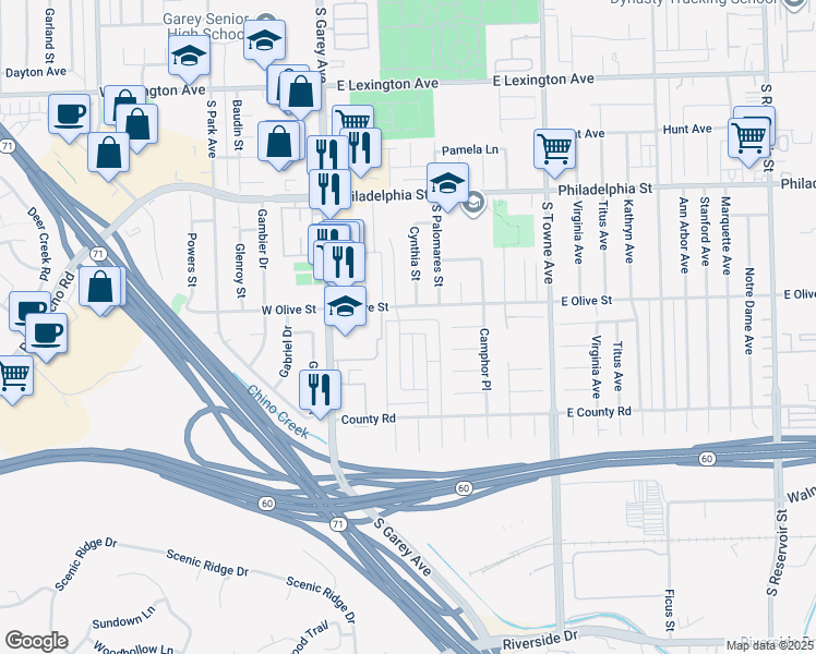 map of restaurants, bars, coffee shops, grocery stores, and more near 361 Orchid Lane in Pomona