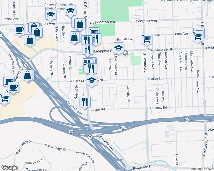 map of restaurants, bars, coffee shops, grocery stores, and more near 361 Orchid Lane in Pomona