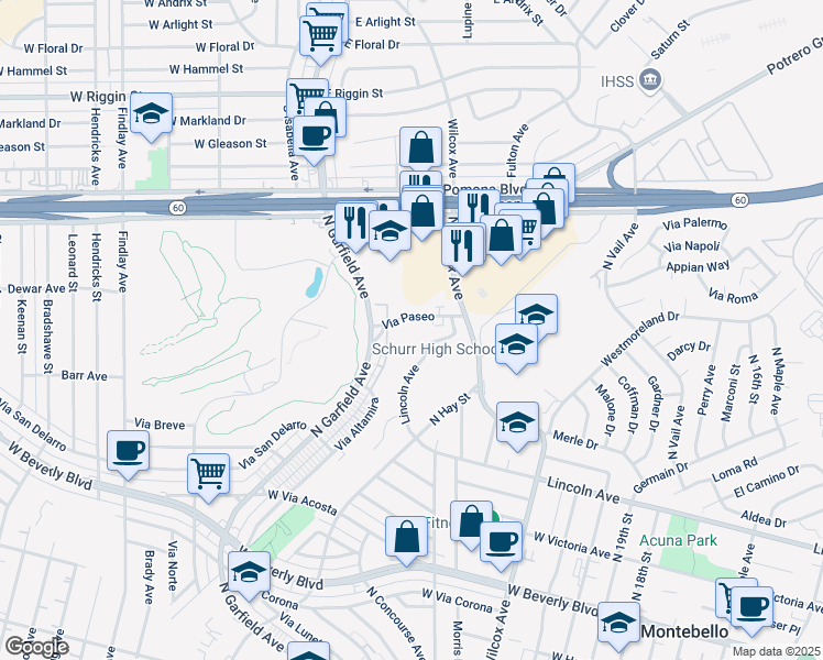 map of restaurants, bars, coffee shops, grocery stores, and more near 2729 Via Paseo in Montebello