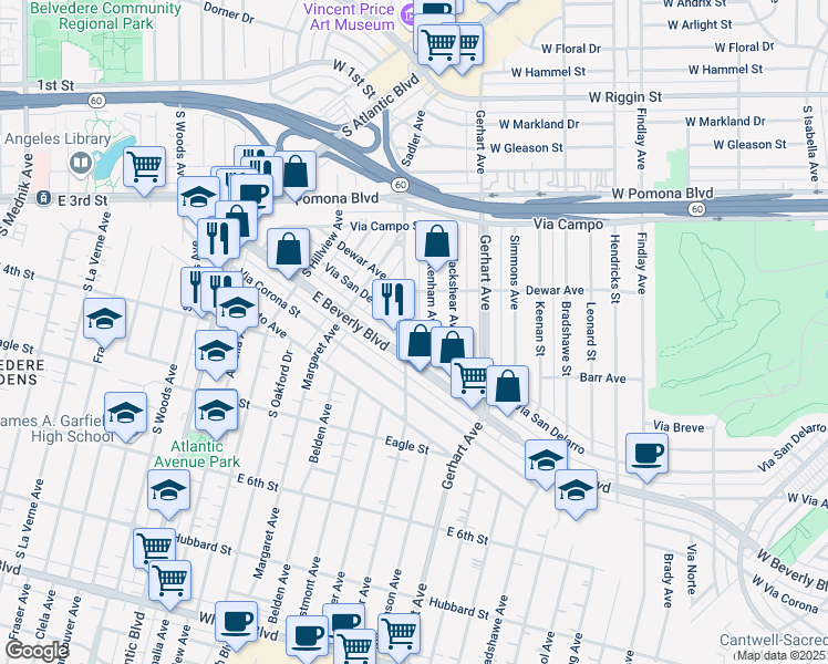 map of restaurants, bars, coffee shops, grocery stores, and more near 5465 East Beverly Boulevard in East Los Angeles