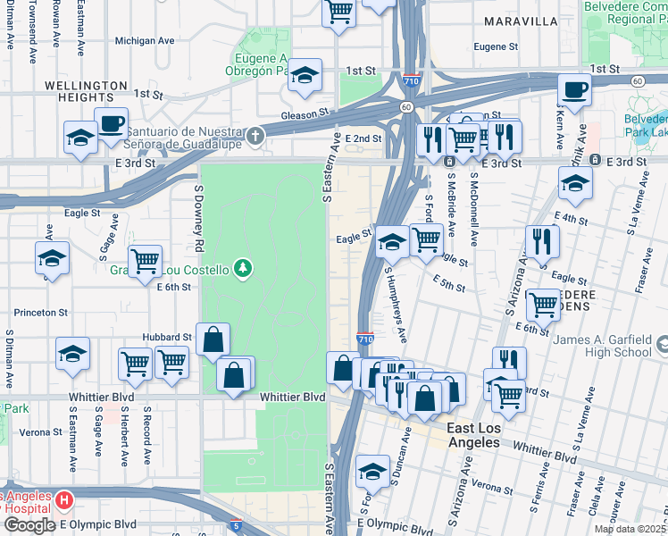 map of restaurants, bars, coffee shops, grocery stores, and more near 475 South Sydney Drive in Los Angeles