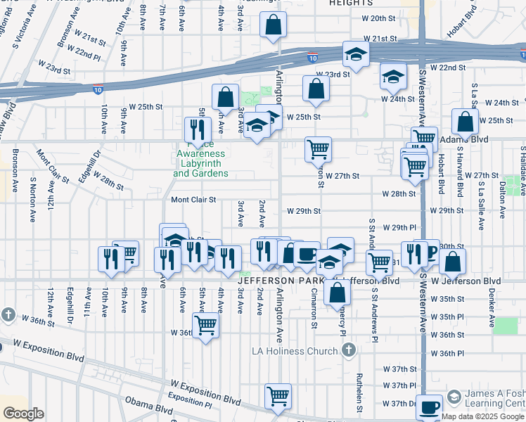map of restaurants, bars, coffee shops, grocery stores, and more near 2900 2nd Avenue in Los Angeles