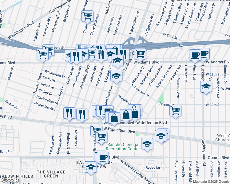 map of restaurants, bars, coffee shops, grocery stores, and more near 2827 South La Brea Avenue in Los Angeles