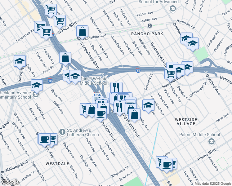 map of restaurants, bars, coffee shops, grocery stores, and more near 2840 South Sepulveda Boulevard in Los Angeles