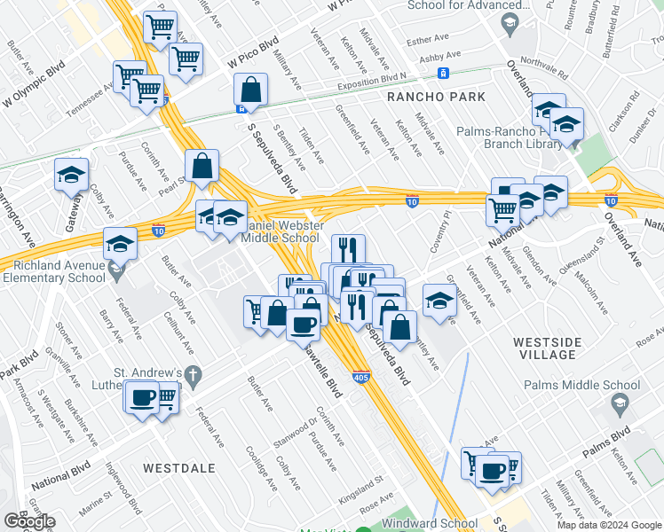 map of restaurants, bars, coffee shops, grocery stores, and more near 2840 South Sepulveda Boulevard in Los Angeles
