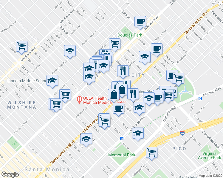 map of restaurants, bars, coffee shops, grocery stores, and more near 1311 19th Street in Santa Monica