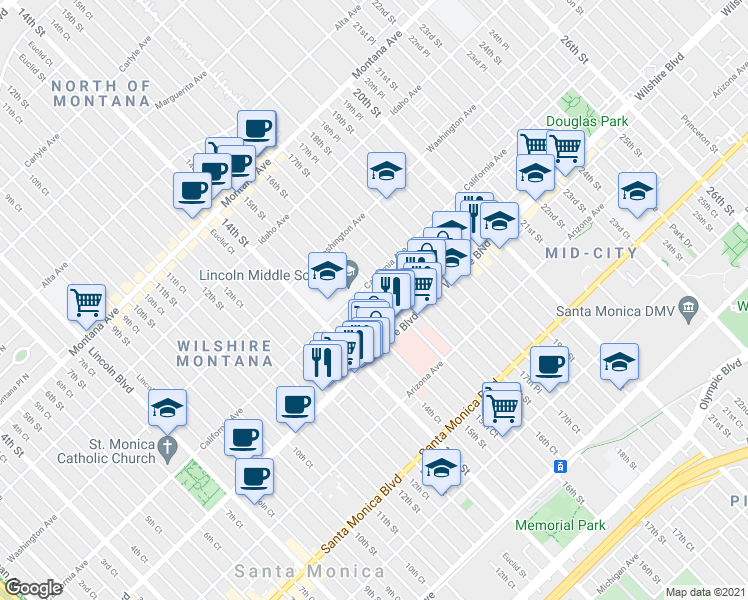 map of restaurants, bars, coffee shops, grocery stores, and more near 1128 16th Street in Santa Monica