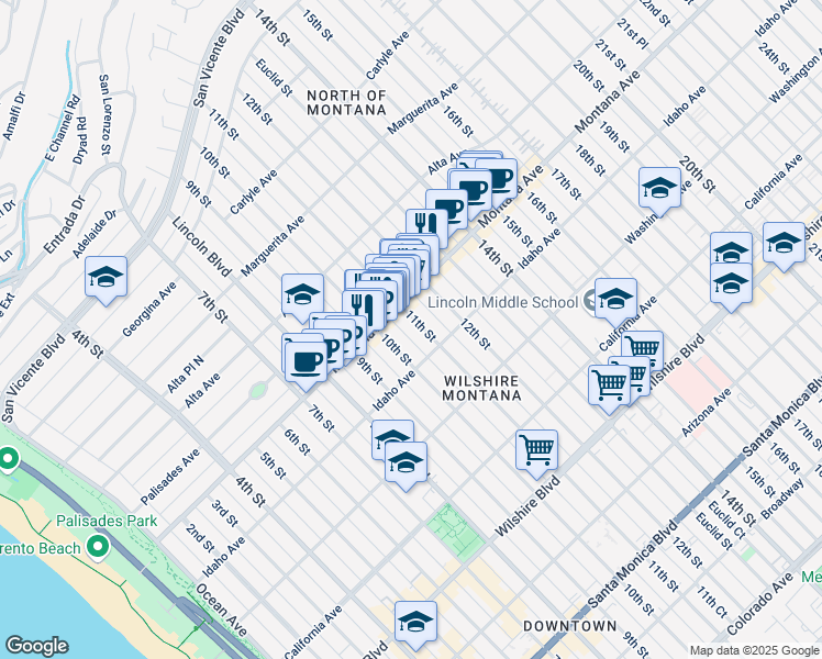 map of restaurants, bars, coffee shops, grocery stores, and more near 842 11th Street in Santa Monica