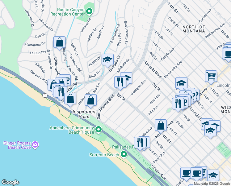 map of restaurants, bars, coffee shops, grocery stores, and more near in Santa Monica