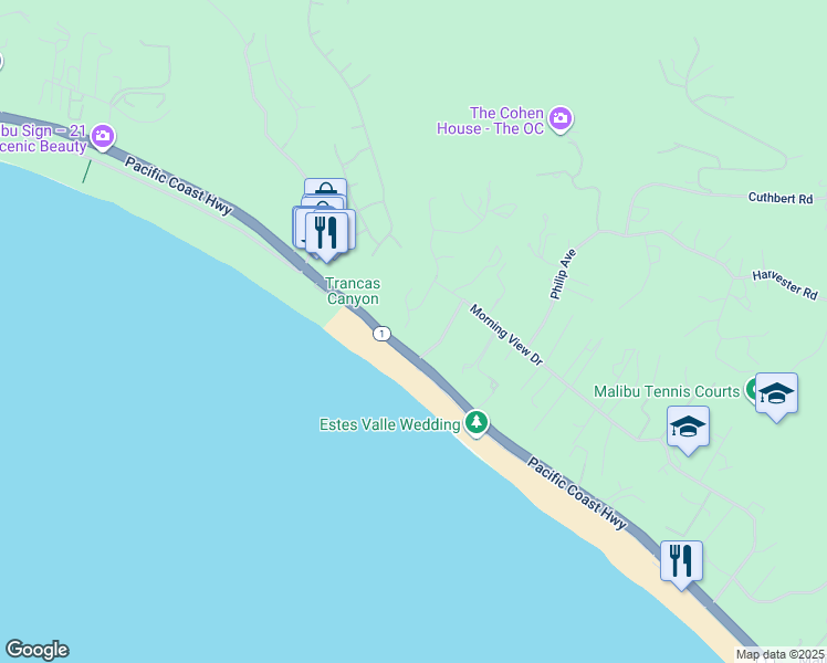 map of restaurants, bars, coffee shops, grocery stores, and more near 6453 Guernsey Avenue in Malibu
