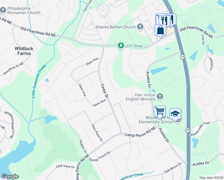 map of restaurants, bars, coffee shops, grocery stores, and more near 2286 Pine Stream Court in Lawrenceville