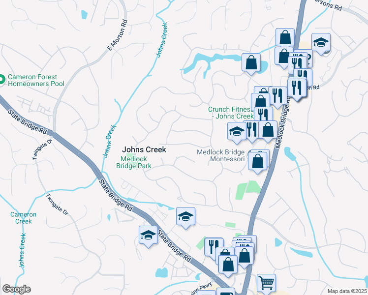 map of restaurants, bars, coffee shops, grocery stores, and more near 5595 Timson Lane in Alpharetta