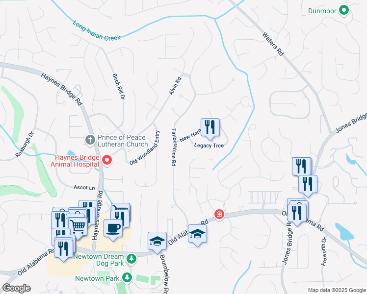 map of restaurants, bars, coffee shops, grocery stores, and more near 3335 New Heritage Drive in Alpharetta
