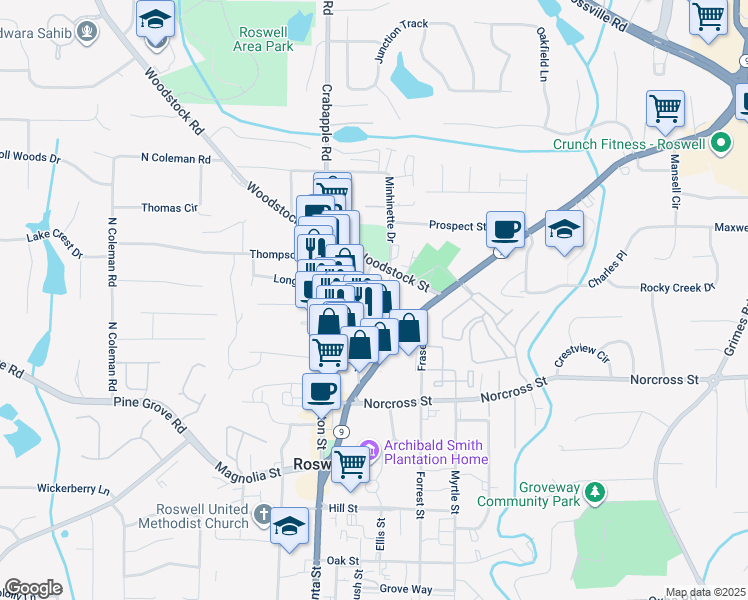 map of restaurants, bars, coffee shops, grocery stores, and more near 1122 Green Street in Roswell