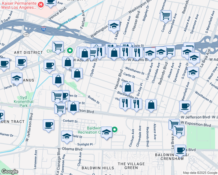 map of restaurants, bars, coffee shops, grocery stores, and more near 5527 Blackwelder Street in Los Angeles