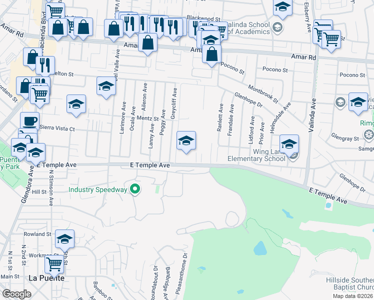 map of restaurants, bars, coffee shops, grocery stores, and more near 664 Panorama Lane in La Puente