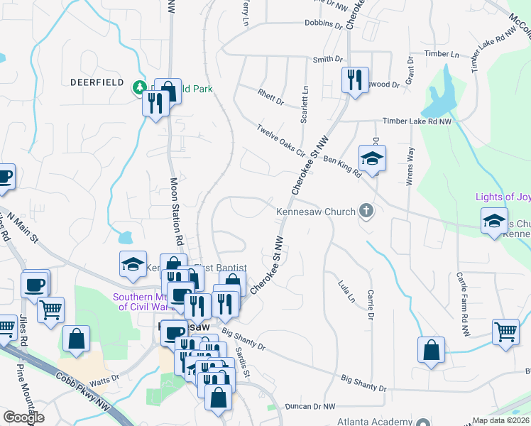 map of restaurants, bars, coffee shops, grocery stores, and more near 2043 White Oak Circle in Kennesaw
