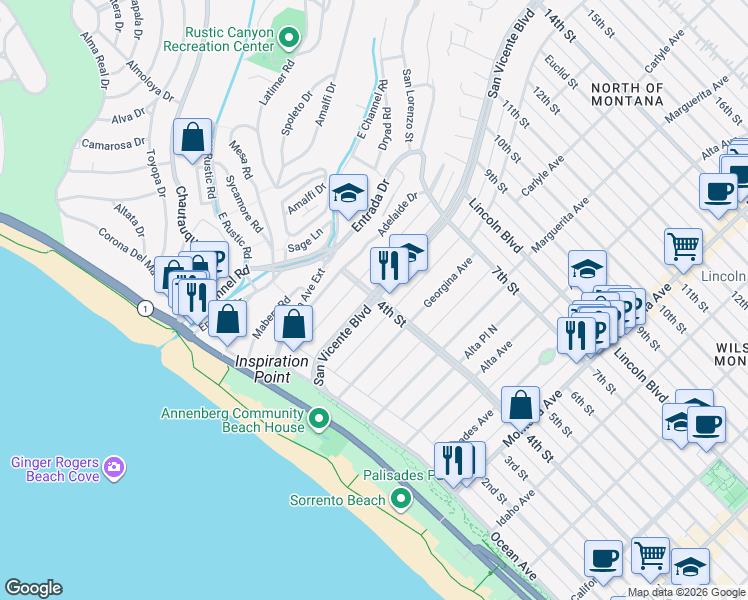 map of restaurants, bars, coffee shops, grocery stores, and more near 404 San Vicente Boulevard in Santa Monica