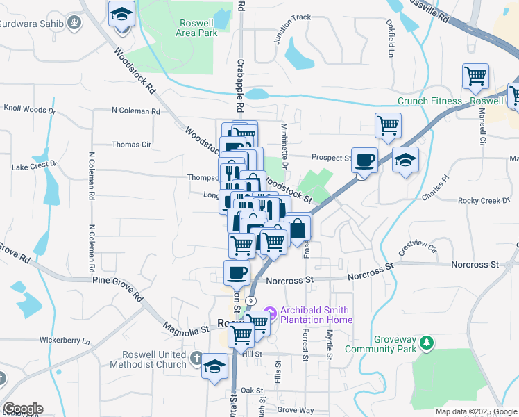 map of restaurants, bars, coffee shops, grocery stores, and more near 1122 Green Street in Roswell