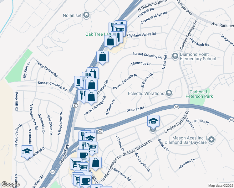 map of restaurants, bars, coffee shops, grocery stores, and more near 415 North Platina Drive in Diamond Bar
