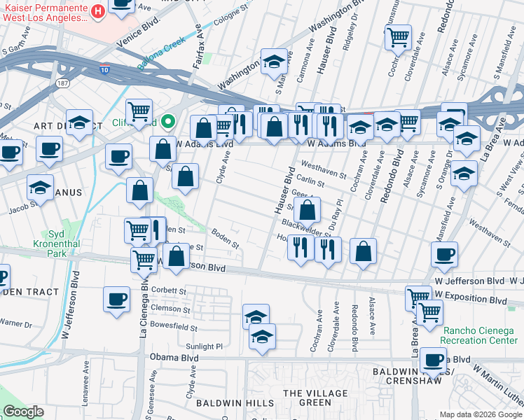 map of restaurants, bars, coffee shops, grocery stores, and more near 5527 Blackwelder Street in Los Angeles
