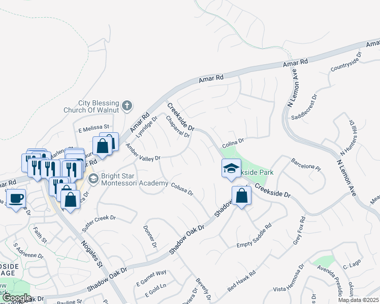 map of restaurants, bars, coffee shops, grocery stores, and more near 871 North Lorri Way in Walnut