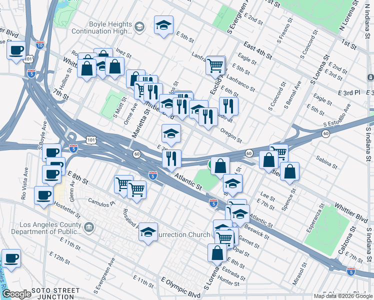 map of restaurants, bars, coffee shops, grocery stores, and more near 954 Euclid Avenue in Los Angeles