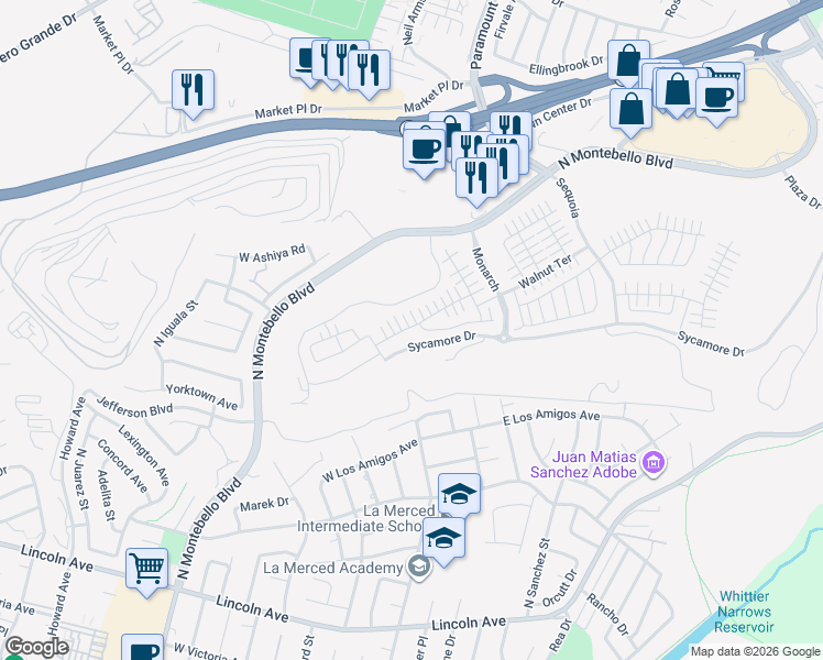 map of restaurants, bars, coffee shops, grocery stores, and more near 1165 Poppy Court in Montebello