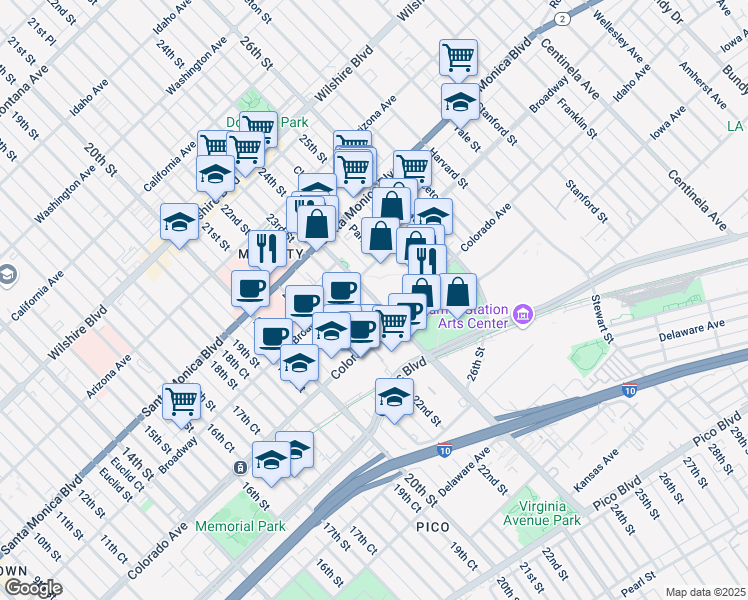 map of restaurants, bars, coffee shops, grocery stores, and more near in Santa Monica