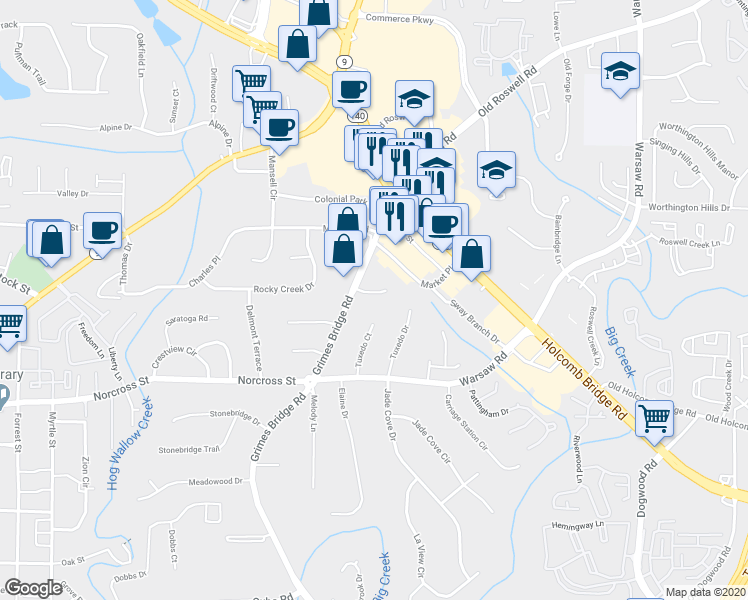 map of restaurants, bars, coffee shops, grocery stores, and more near 545 Grimes Place in Roswell
