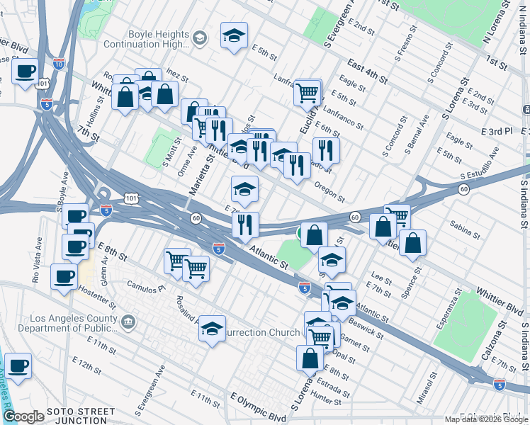 map of restaurants, bars, coffee shops, grocery stores, and more near 956 Euclid Avenue in Los Angeles