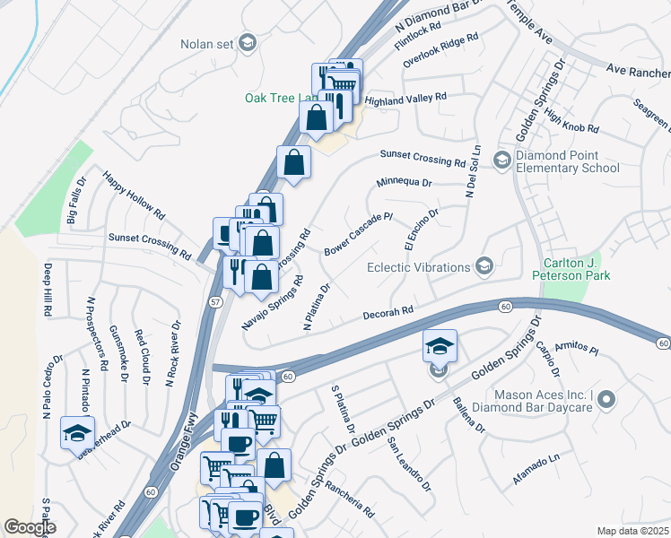 map of restaurants, bars, coffee shops, grocery stores, and more near 418 North Platina Drive in Diamond Bar