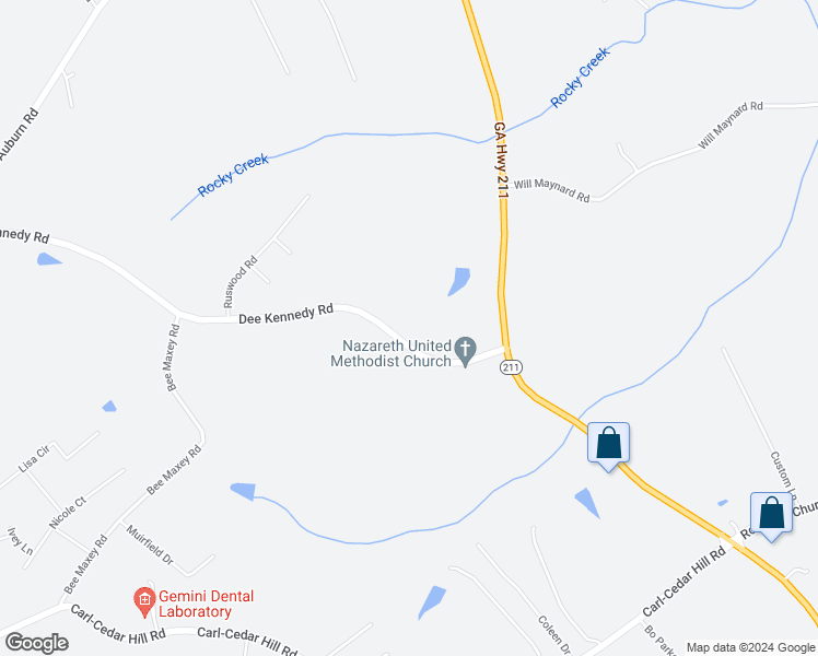 map of restaurants, bars, coffee shops, grocery stores, and more near 651 Dee Kennedy Road in Winder