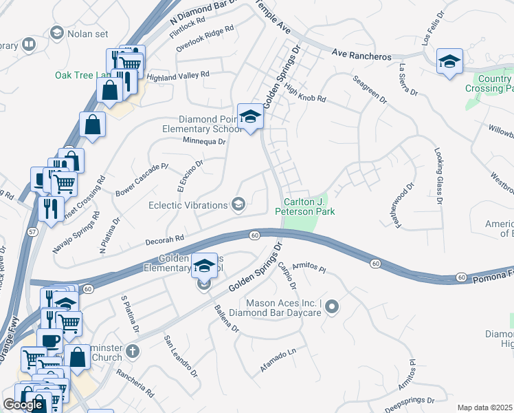 map of restaurants, bars, coffee shops, grocery stores, and more near 204 Tanforan Lane in Pomona