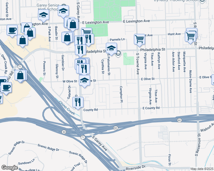 map of restaurants, bars, coffee shops, grocery stores, and more near in Pomona