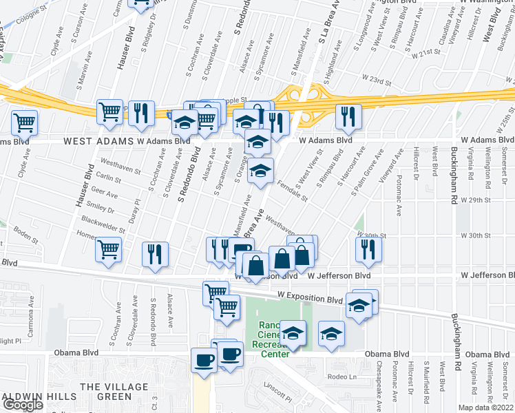 map of restaurants, bars, coffee shops, grocery stores, and more near 2827 South La Brea Avenue in Los Angeles