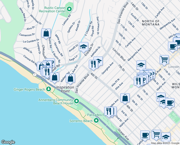 map of restaurants, bars, coffee shops, grocery stores, and more near San Vicente Boulevard & 4th Street in Santa Monica