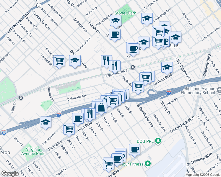 map of restaurants, bars, coffee shops, grocery stores, and more near 3344 Delaware Avenue in Santa Monica