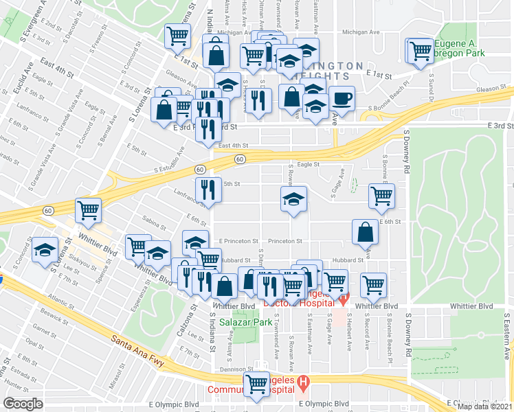 map of restaurants, bars, coffee shops, grocery stores, and more near 537 South Ditman Avenue in Los Angeles