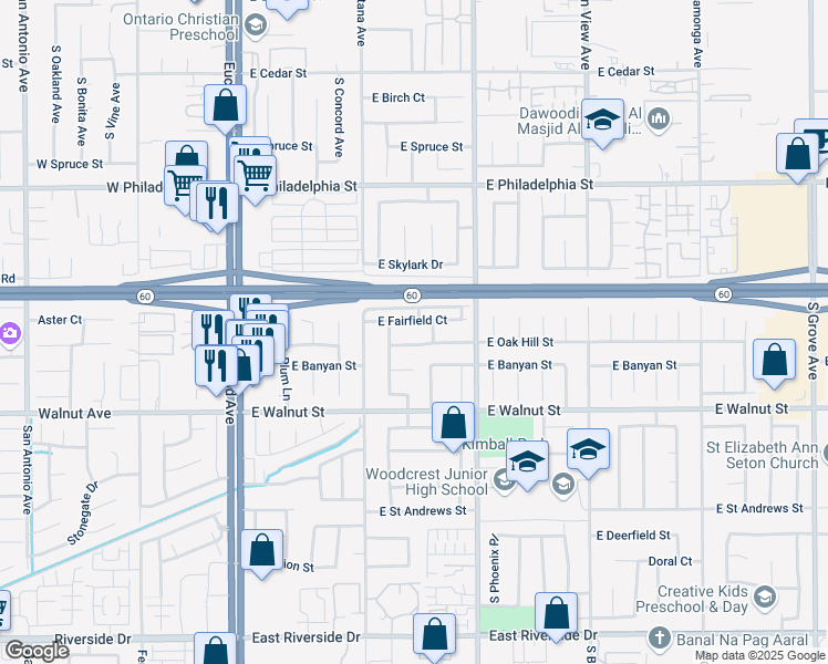 map of restaurants, bars, coffee shops, grocery stores, and more near 2442 Miramonte Avenue South in Ontario