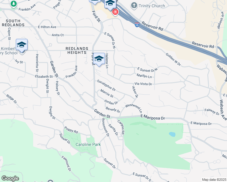 map of restaurants, bars, coffee shops, grocery stores, and more near 406 Eucalyptus Drive in Redlands