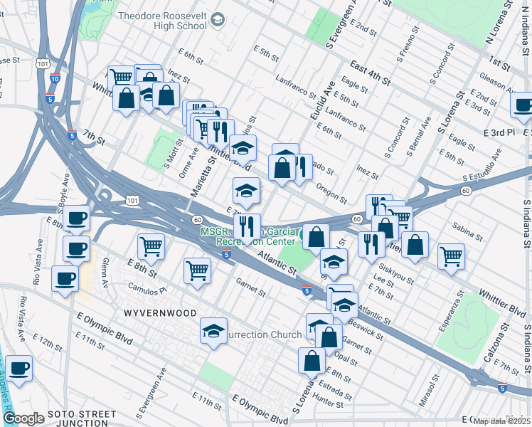 map of restaurants, bars, coffee shops, grocery stores, and more near 954 Euclid Avenue in Los Angeles