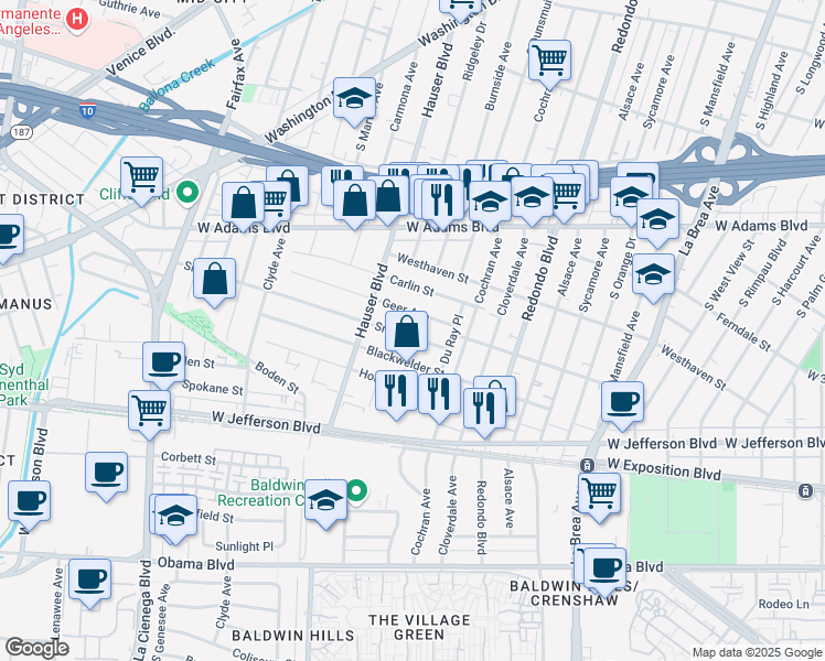 map of restaurants, bars, coffee shops, grocery stores, and more near 5415 Smiley Drive in Los Angeles
